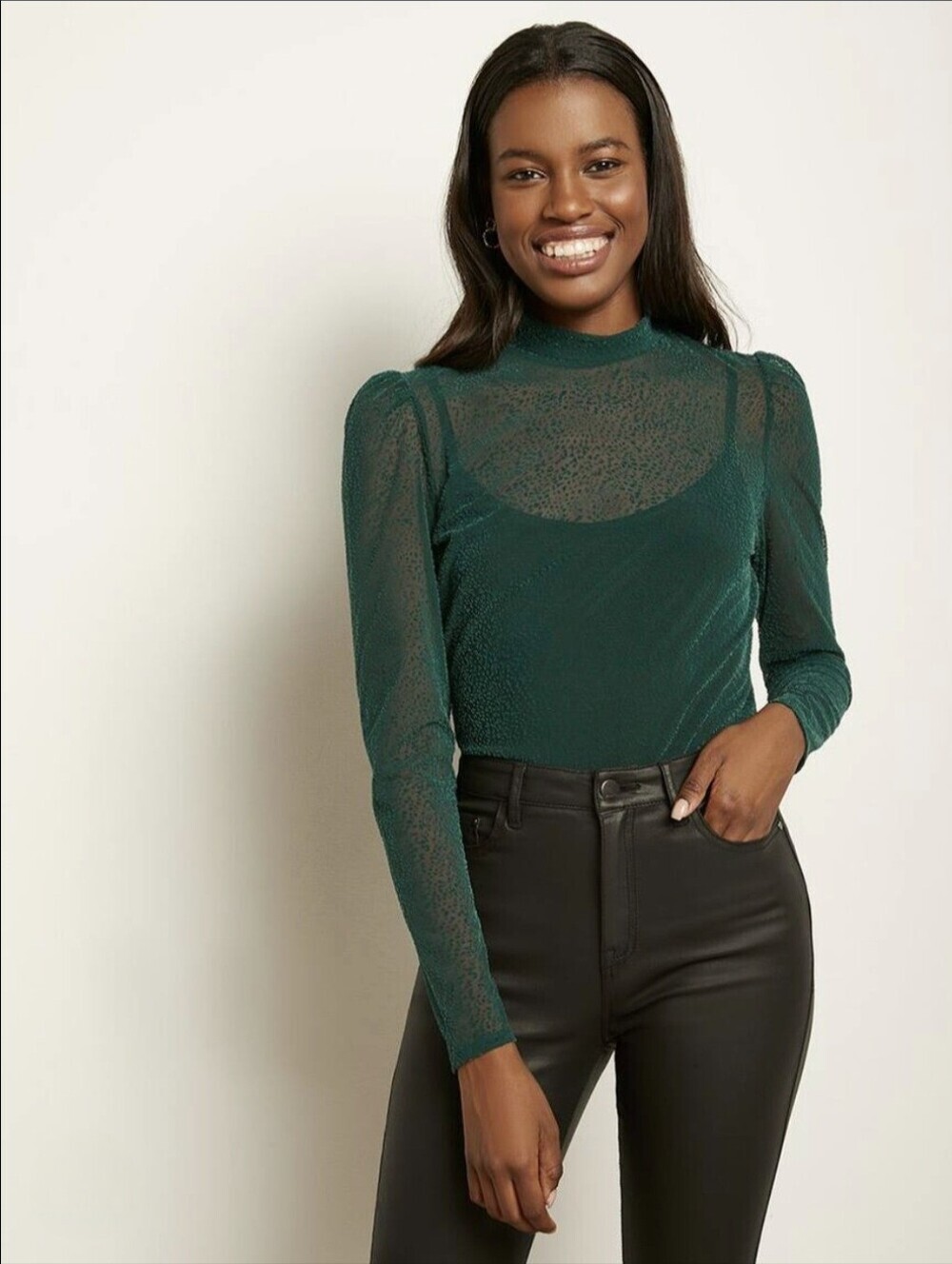 RW&CO. Emerald Green Sheer Mock Neck Textured Mesh Long Sleeve Puff Shoulder Top